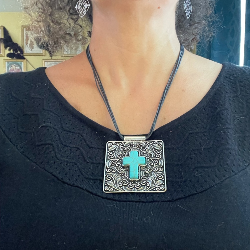 Handmade faux turquoise cross pendant